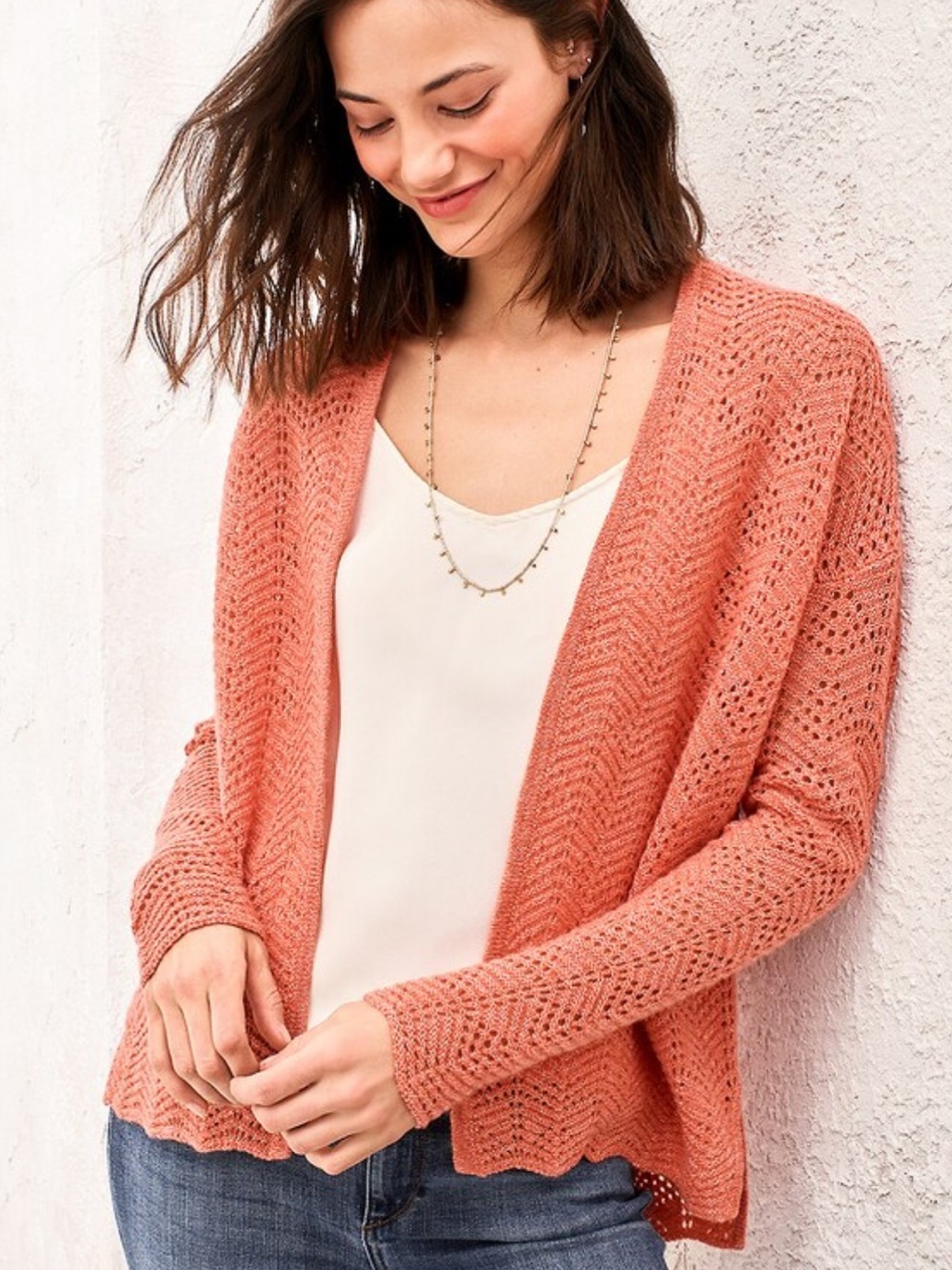 Garnet Hill cashmere and linen lace stitch Open-Front Cardigan - Sz Large